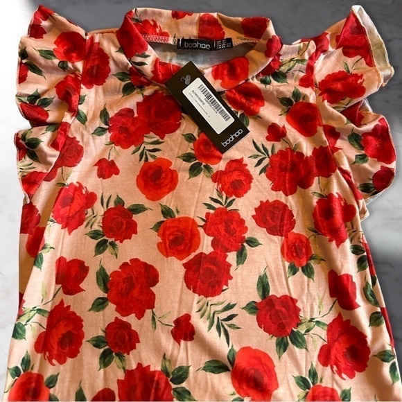 Boohoo Floral Print Frill Shoulder Midi Dress In White/Red Size 12 - Picture 6 of 8